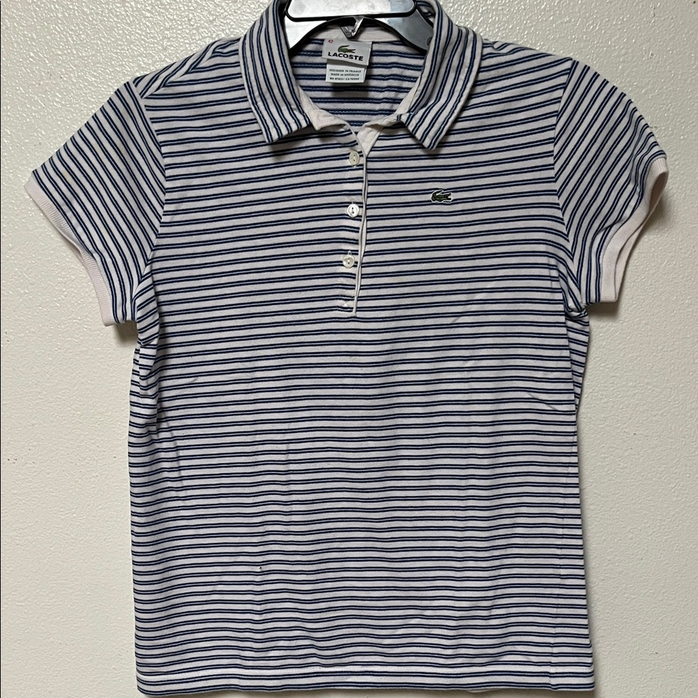 Lacoste Navy and White Striped Button-Down Polo Top